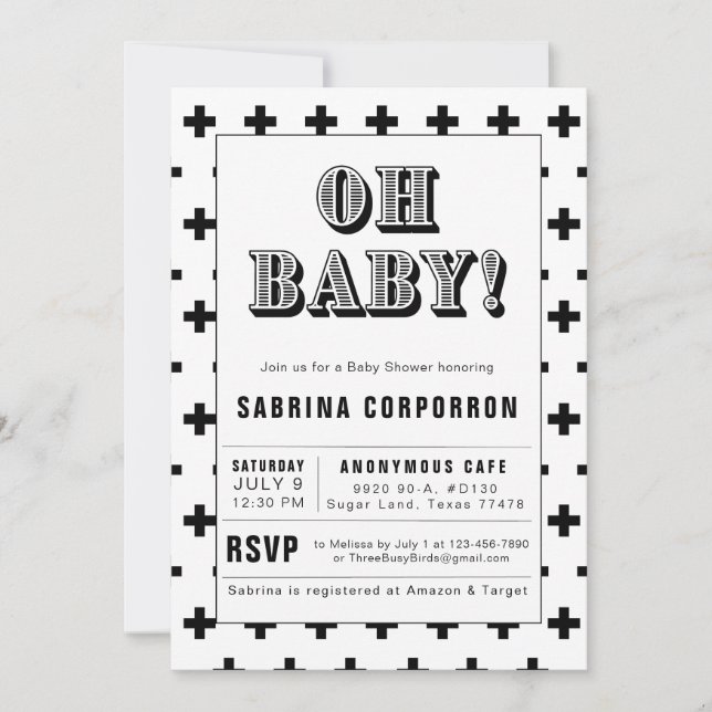 Black and White Oh Baby Baby Shower Invitation (Front)