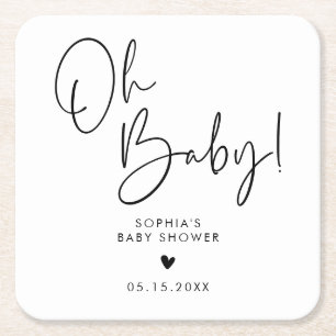 Black and White Oh Baby Modern Boho Baby Shower Square Paper Coaster