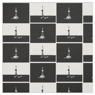 Black and White Oil Drilling Rig Silhouettes Fabric