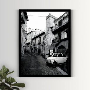 Black and White Old Italian Town with Vintage Car Poster
