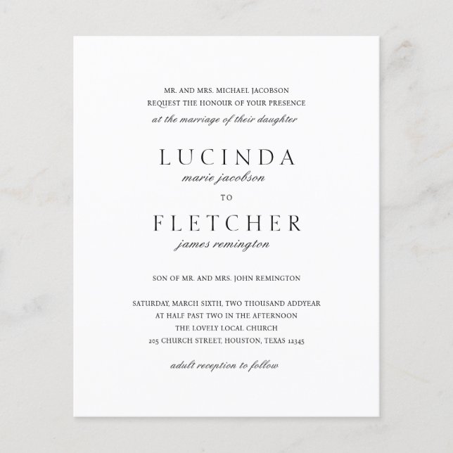 Black and White Old Money Budget Wedding Invite Flyer (Front)
