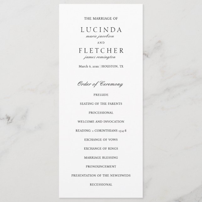 Black and White Old Money Elegant Wedding Programme (Front)