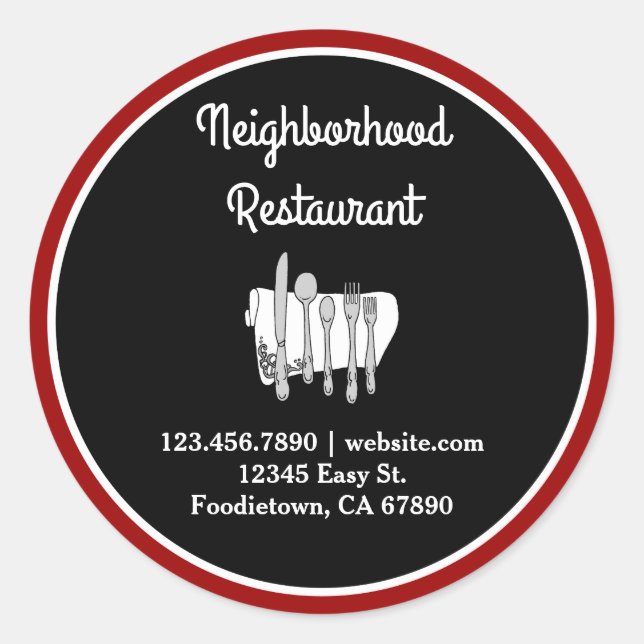 Black and White on Red Custom Restaurant Stickers (Front)