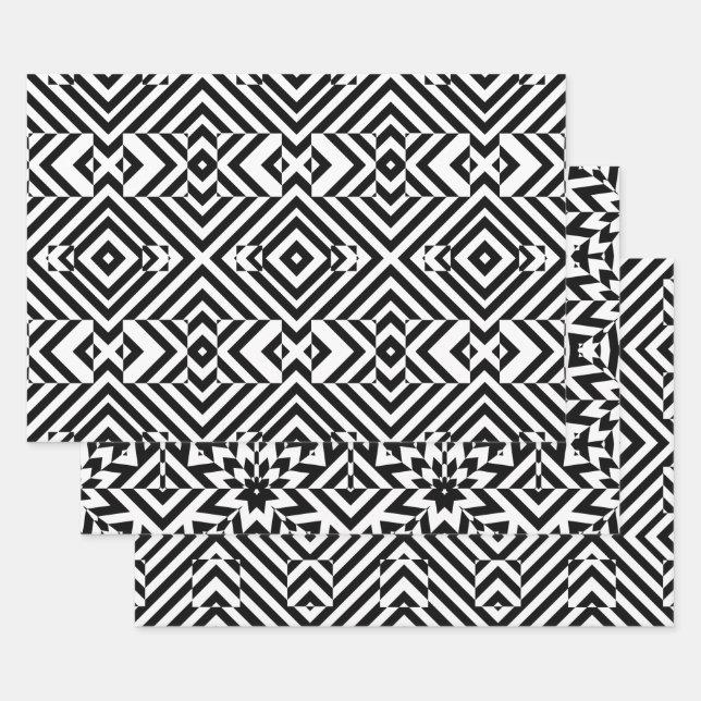 Black and White Op Art Geometric Patterns Wrapping Paper Sheet (Set)