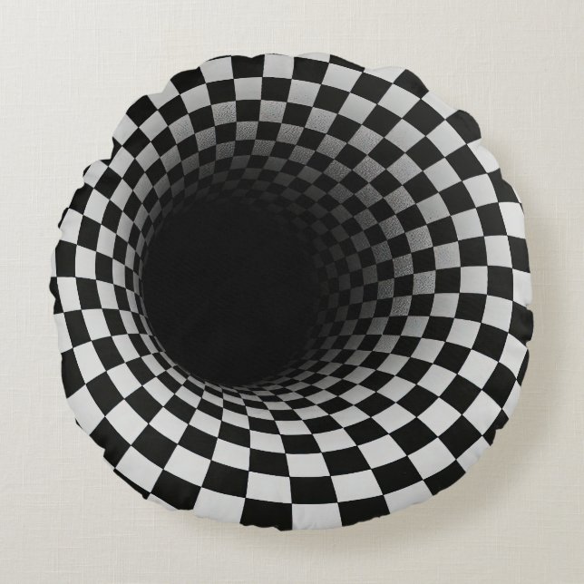 Black and White Optical Illusion Tunnel Round Cushion (Front)