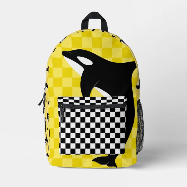 Black And White Orca Killer Whale Check  Printed Backpack (Front)