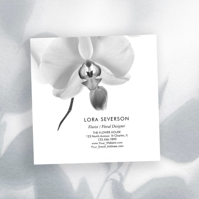 Black and White Orchid Flower Florist Square Business Card (Creator Uploaded)