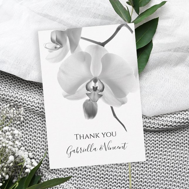 Black and White Orchid Wedding Flat Thank You Note Card (Show your appreciate with this elegant floral thank you note card.)