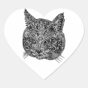 Black and White Ornamental Cat Portrait Heart Sticker