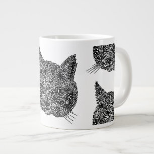 Black and White Ornamental Cat Portrait Large Coffee Mug