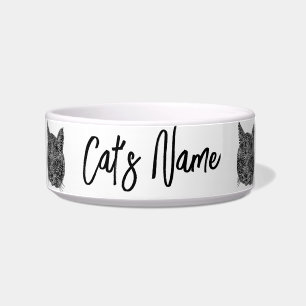 Black and White Ornamental Cat Portrait Pet Bowl