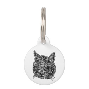 Black and White Ornamental Cat Portrait Pet Tag