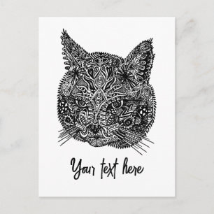 Black and White Ornamental Cat Portrait Postcard