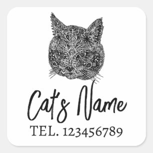 Black and White Ornamental Cat Portrait Square Sticker