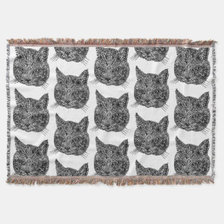 Black and White Ornamental Cat Portrait Throw Blanket