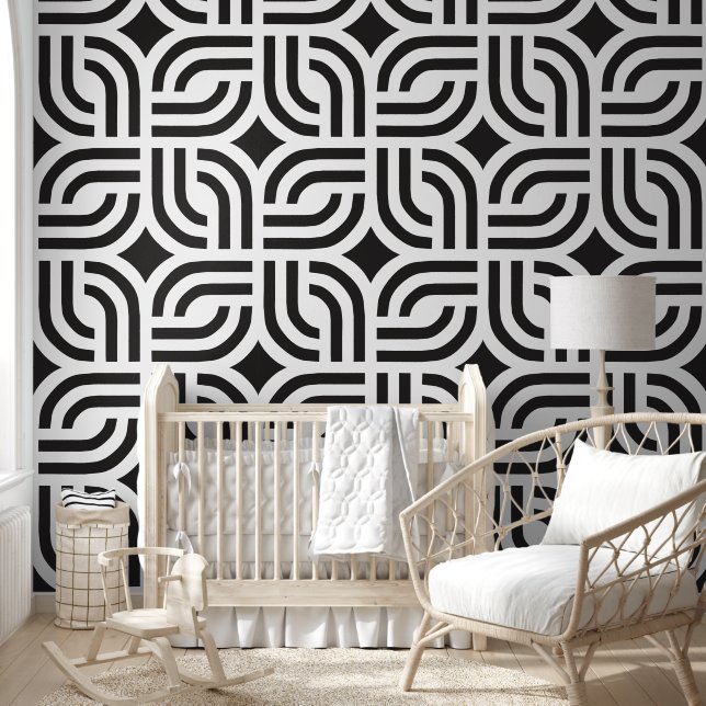 Black and white ornamental geometric tile wallpaper (Kids)