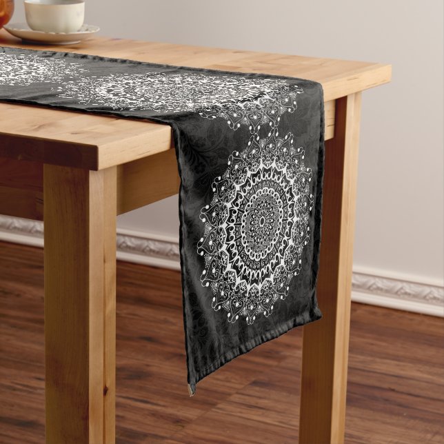 Black and white ornate mandal pattern long table runner (In Situ)