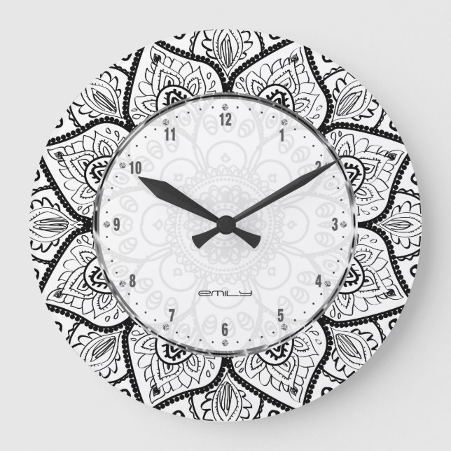 Black And White Ornate Mandala Lace Design Large Clock (Front)