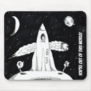 Black and White Out of This World Spaceship Mouse Mat