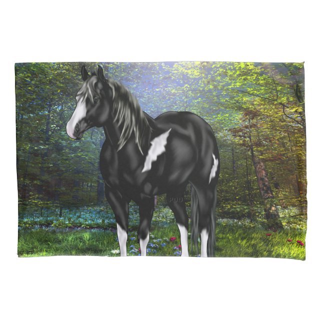 Black and White Overo Paint Horse Pillowcase (Front)