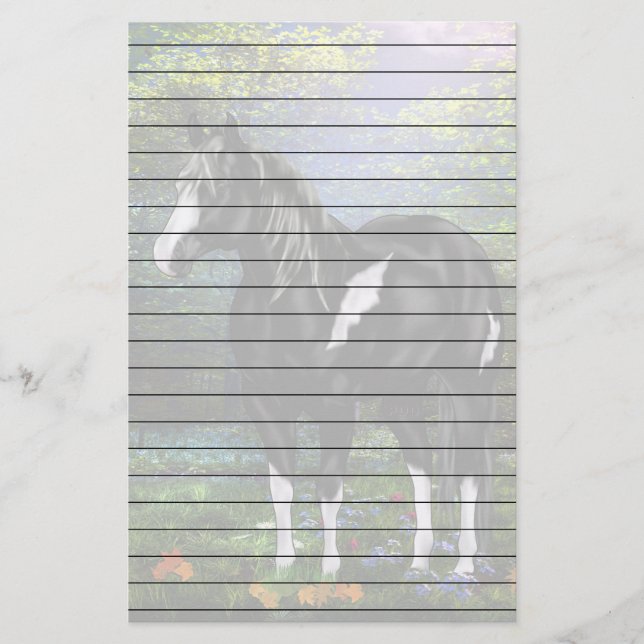 Black and White Overo Paint Horse Print Stationery (Front)