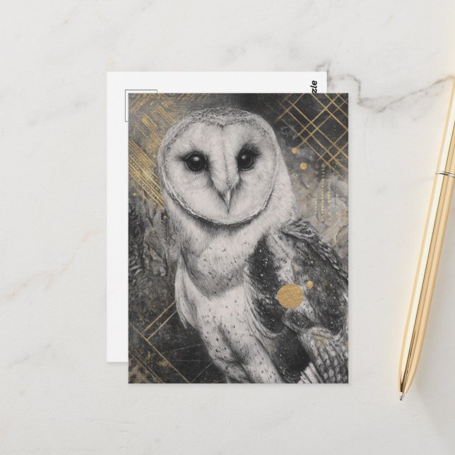 Black and White Owl Golden Details Postcard (Front/Back In Situ)