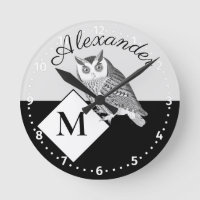 Black and White Owl Gray Monogram name 