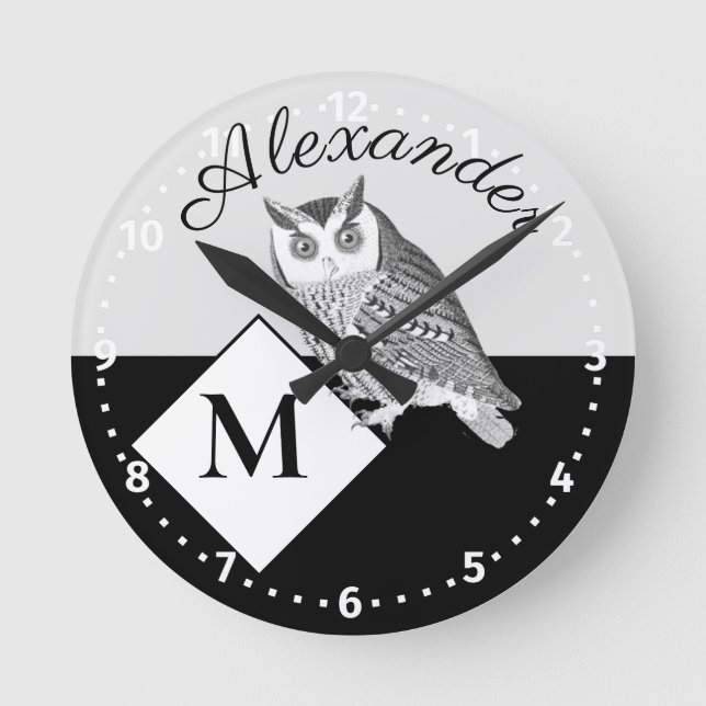 Black and White Owl Grey Monogram name  Round Clock (Front)
