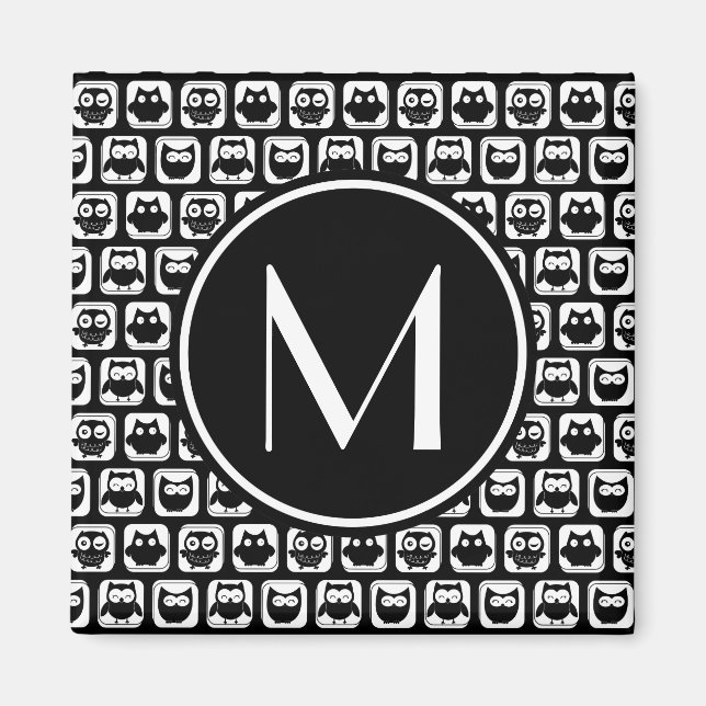 Black and White Owls Personalised Monogram Magnet (Front)