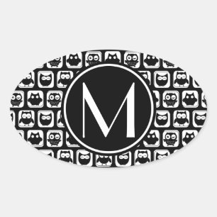 Black and White Owls Personalised Monogram Oval Sticker
