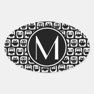 Black and White Owls Personalised Monogram Oval Sticker