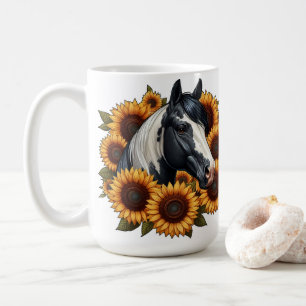 Black and White Paint Horse with Sunflowers Coffee Mug