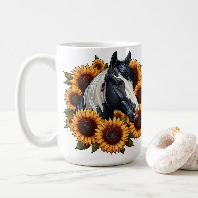 Black and White Paint Horse with Sunflowers Coffee Mug (With Donut)