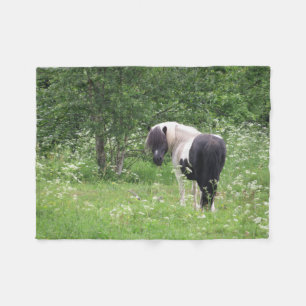 Black and White Paint Pony in Grass and Flowers Fleece Blanket