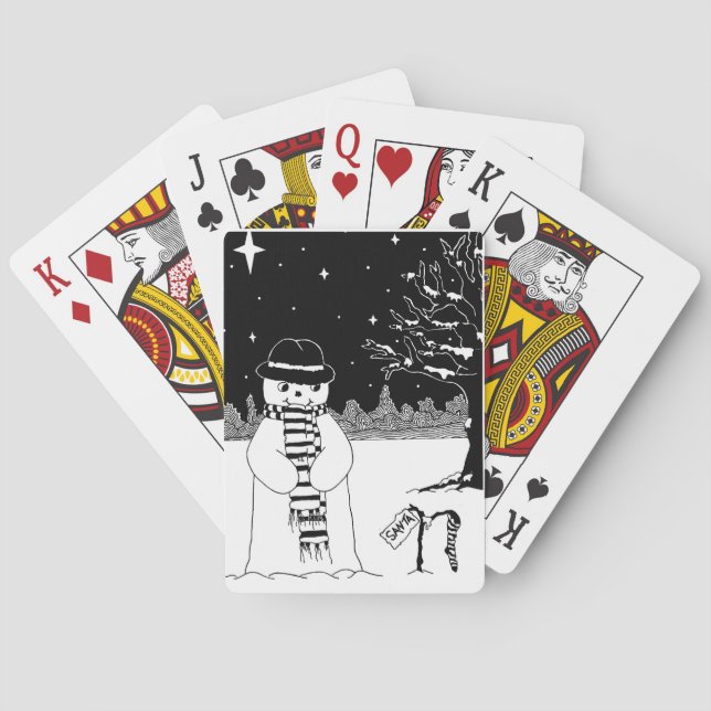 black and white painting of cute snowman Christmas Playing Cards (Back)
