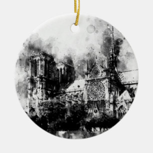Black and White Painting of Notre Dame Cathedral Ceramic Tree Decoration
