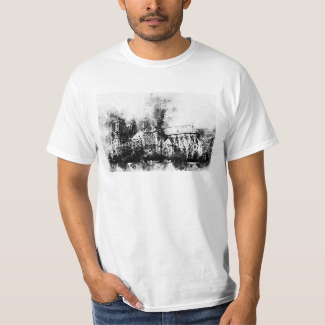 Black and White Painting of Notre Dame Cathedral T-Shirt (Front)