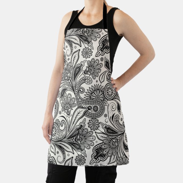 Black and white paislely apron (Insitu)