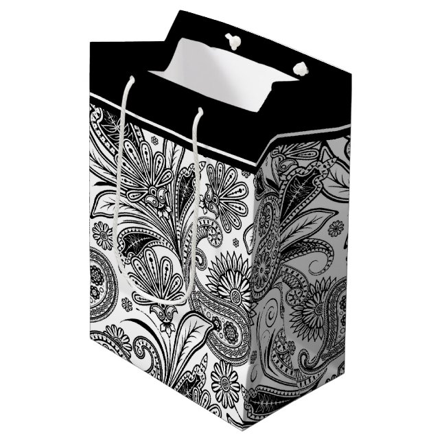 Black and white paislely  medium gift bag (Front Angled)