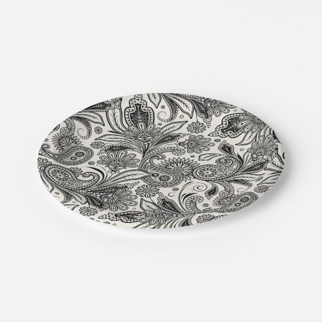 Black and white paislely  paper plate (Angled)
