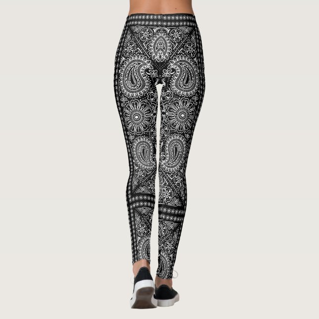 Black and White Paisley Bandana Boho Leggings (Back)