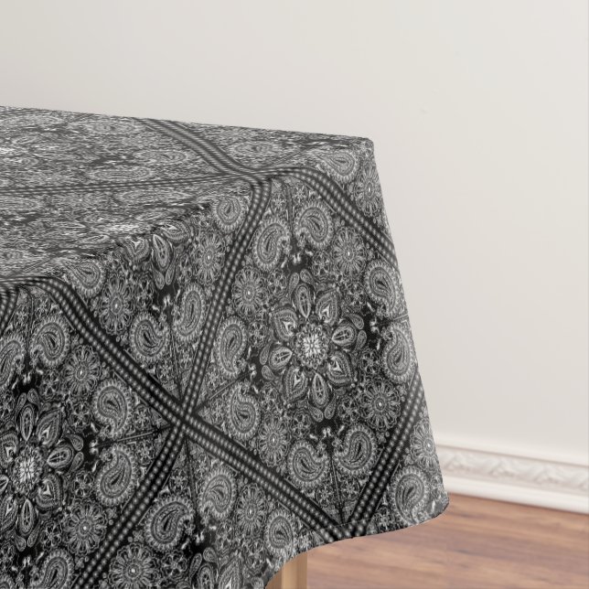 Black and White Paisley Bandanna Boho Print Tablecloth (In Situ)