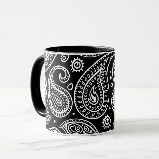 Black and white paisley design mug (Front Left)