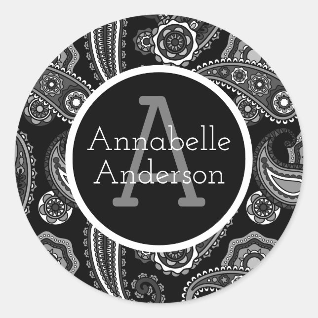 Black and White Paisley Fancy Personalise Classic Round Sticker (Front)