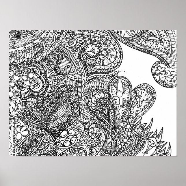 Black and White Paisley-Inspired Doodle Art Poster (Front)