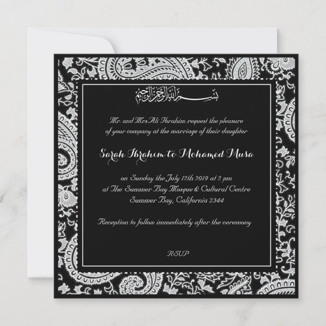 Black and white paisley muslim wedding invitation (Front)