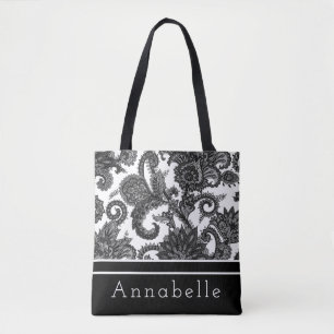 Black and White Paisley Personalize Tote Bag