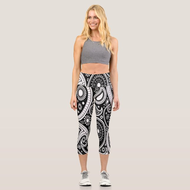 Black and White Paisley Print Yoga Pants (Front)