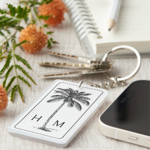 Black and White Palm Palmetto Tree Monogram Key Ring