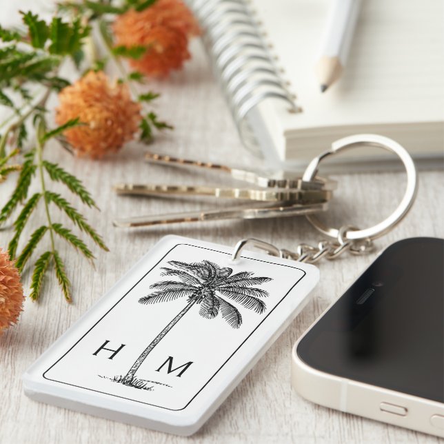 Black and White Palm Palmetto Tree Monogram Key Ring (Front Right)
